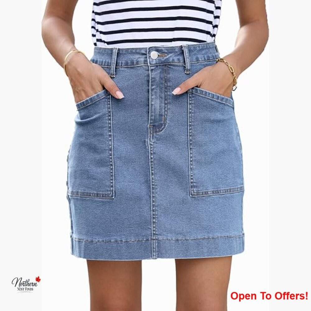 Denim Mini Skirt High Waisted Stretch Casual with Pockets
